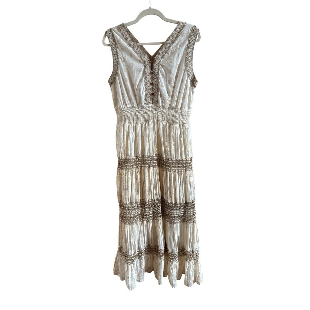 NAOO Nation AK Outfitters Embroidered‎ Gold BohoTiered Midi Dress *No Size Tag